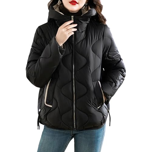 Aosufei Chaqueta acolchada de algodón con capucha y cremallera para mujer, clásica, ligera, casual, a la moda, ajuste delgado, ropa de abrigo de invierno gruesa, Negro, XL