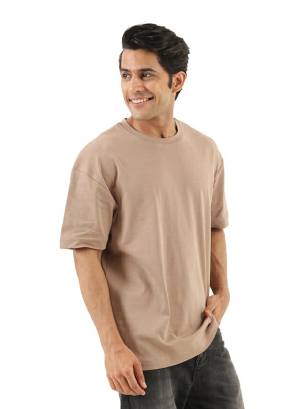 Image of SAADAA Men's Oversized Cotton T-Shirt | 210 GSM Heavyweight Fabric | Drop Shoulder | Dual Knit | Comfortable Casual Wear | Solid Colors