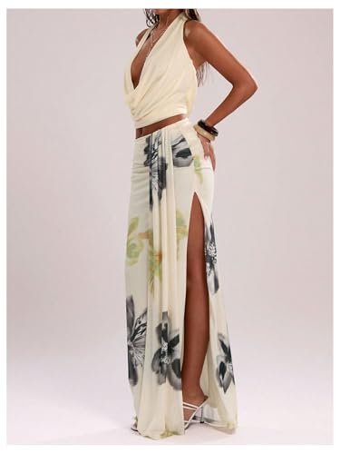 GORGLITTER Women's Floral Print Ruched Bodycon Maxi Skirts Trendy Dressy Fall Low Waisted Y2k Split Long Skirts 20254