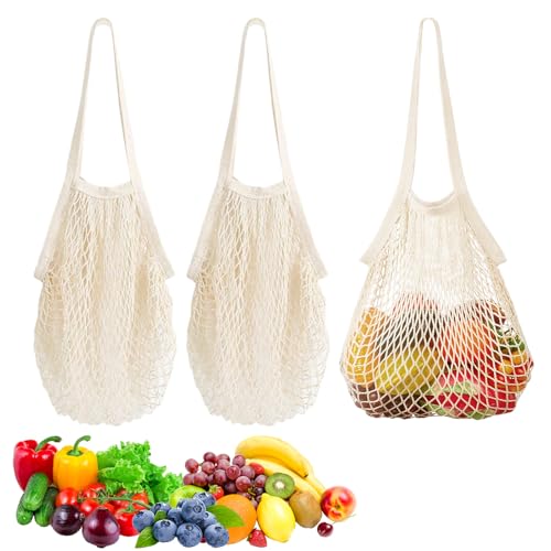 3 Piezas Bolsa de Malla,36 x 35 cm Bolsas de Malla Reutilizables,Algodón y Cáñamo Bolso Red Mango Corto,Bolsas de Mallas Para Compra,Bolsa Compra Mallas para El Almacenamiento de Frutas,Verduras