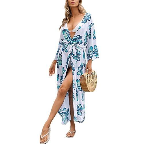 Robe de Plage Maxi Cache Maillot De Bain Longue Imprimée Kaftan Pareos Bohème Élegante Cover Up Bikini pour Femme, Taille Unique (Bleu) Cover