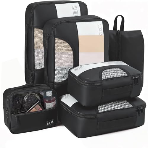 6 Pack Travel Packing Cubes Set, Oxford Fabric Luggage Organisers for Suitcase, Packing Cubes for Backpack, Visible EVA Luggage Organiser Bags, Compartment Packing Storage Bags for Travel/Home-Black