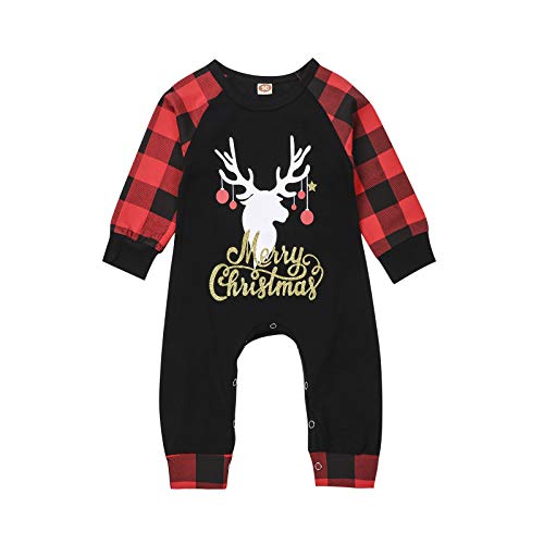 Newborn Baby Boy Girl Clothes Romper Merry Christmas Plaid Sleeve My 1st Christmas Jumpsuit Winter Suit (Black, 0-3 Months)