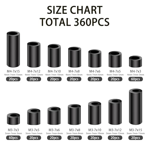 360 Stk Runde Distanzhülsen für M3 M4 Schrauben, Runde Abstandshalter Kunststoff, Nylon Kunststoff Distanzhülsen, Lsolierung Beilagscheiben