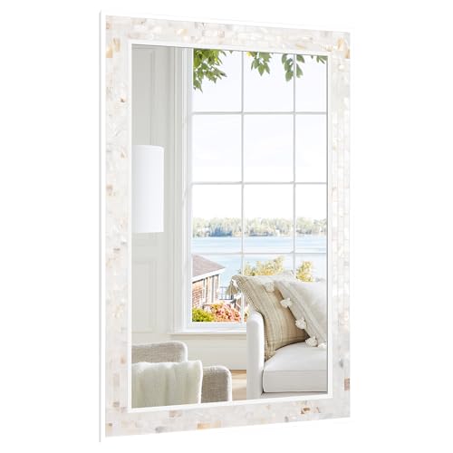 DUQIMO Mosaic Bathroom Mirrors for Wall 24x36 Inch, Natural Mother