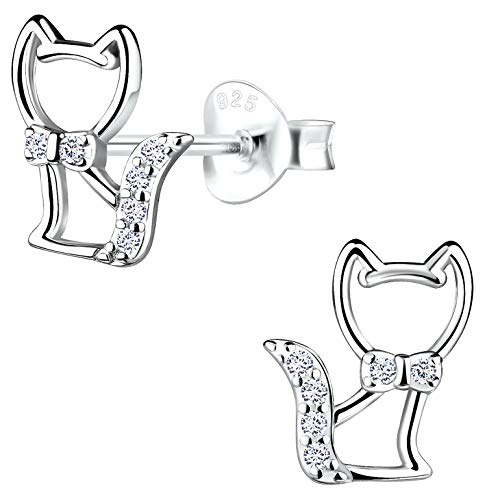 Aww So Cute 92.5-925 Sterling Silver Cat Crystal Stud Earrings for Kids Girls Pure Silver (ER1396)