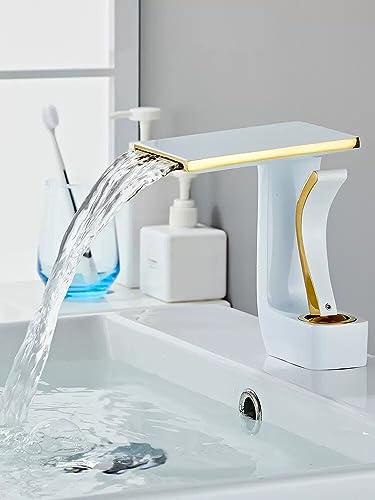 Robinet de salle de bains mitigeur lavabo cascade en laiton or et blanc