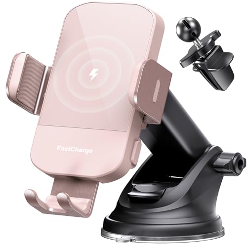 CHGeek Wireless Car Charger, 15W Fast Charging Auto Clamping Car Charger Phone Mount Phone Holder fit for iPhone 15 14 13 12 11 Pro Max Xs, Samsung Galaxy S24 Ultra S23 S22 S21, S20, S10+, Pink