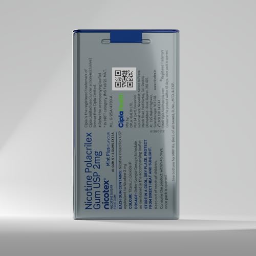 Image of Cipla Nicotex Nicotine Sugar Free Mint Plus Gums 2mg | Helps to Quit Smoking | WHO-approved Therapy | 44 Gums per Tin | Pack of 1