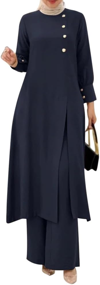 Abaya Dress for Women Muslim Set Long Sleeve Ramadan Islamic Dress Shirt with Pants 2PCS Dubai Prayer Casual Clothes