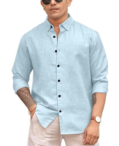 Image of Men's Solid Linen Blend Cotton Shirt | Full Sleeve Plain Shirt for Men | Regular Fit Casual & Formal Wear