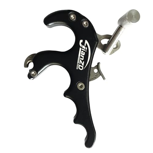 JIANZD Compound Bow Release Aid, Aluminum Alloy 4 Finger Trigger Synapse Hammer Throw Release Assistant Trigger Hunting Thumb Caliper Trigger (Black)