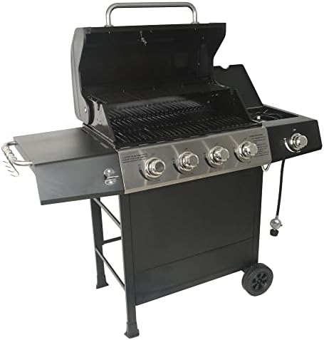 Grill Boss 4 Burner Propane Gas Grill, Portable BBQ w/ Lid, Wheels & Side Shelves, Black - Grilling Accessories and Equipment for Camping, Tailgating, Outdoor Barbecue and Cooking