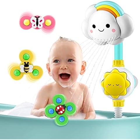 Baby Bath Toy Shower Head - OWNONE 1 Bathtub Shower Sprayer, Bath Toy for Toddlers Ages 1-3, 2-4 Years Old, Infant Baby Bath Toy 6-12, 12-18 Months - Includes 1 Cloud Shower Head & 3 Suction Spinners Cover