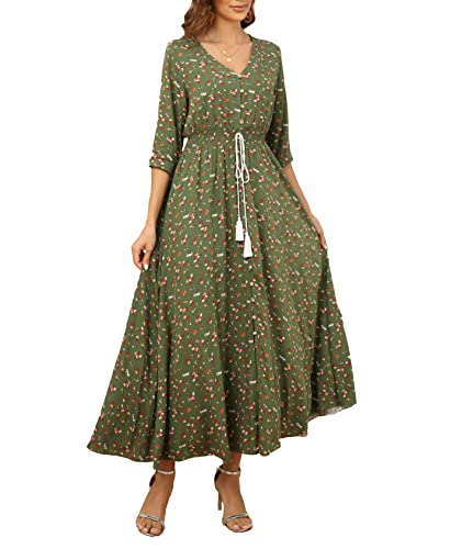 Teemie Damen Kleid Kurzarm Maxikleid Sommerkleid Boho Lang Kleider V Ausschnitt Strandkleid Sommer Casual Hübsche Blumenkleid Beachkleid Flowy Split...