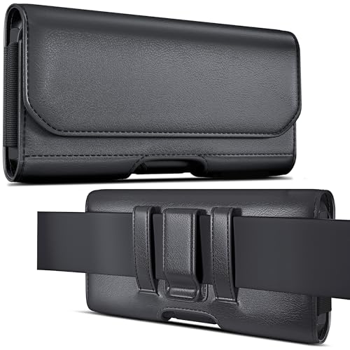 PiTau Holster for Large iPhone 16 Plus, Pro Max 15 14 13 12 11 Xs, Samsung Galaxy S25+ 5G S24+ S23+ S22+ S21+ Cell Phone Belt Case with Clip - ID Card Holder Pouch - Fits with Protective Case on