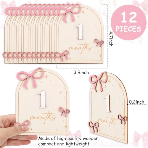 Image of JarThenaAMCS 12Pcs Wooden Baby Monthly Milestone Cards Coquette Pink Bow Marker Discs Announcement Sign Newborn Photo Props for Pregnancy Baby Shower Party Favors