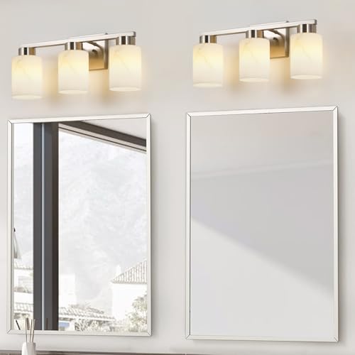 Image of 3-Light Bathroom Light Fixtures, Modern Vanity Lights, Brushed Nickel Metal Wall Lamp with White Marble Glass for Bathroom, Mirror, Living Room, Bedroom, Cabinet, Porch, Hallway, E26 Base