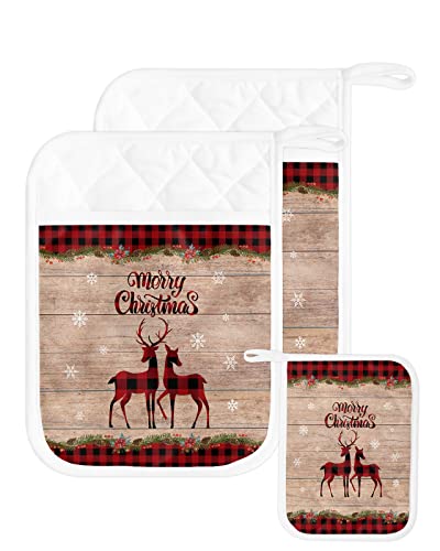 Christmas Reindeer Pot Holders With Pocket For Kitchen, Heat-Resistant Potholders Set Of 2, Hot Pads Oven Mitts With Hanging Loops For Home Cooking Baking Microwave, Farmhouse Wood Plaid #TOP28