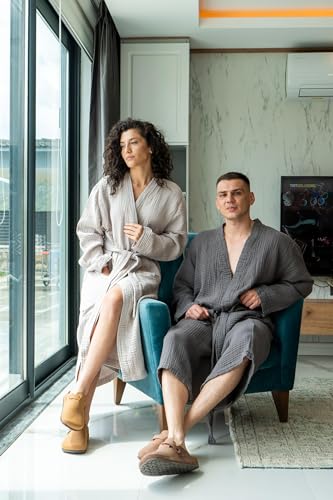 Image of Muslin Unisex Bathrobe Women & Men, 100% Cotton Kimono Lightweight Robe | Long Robes Soft, Absorbent, Spa robes