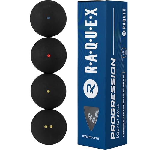 Progression Squash Balls (Mixed Box of 4 Balls) – 4 x Speeds Per Box: Competition Double Yellow Dot, Yellow Dot, Red Dot, Blue Dot. WSF Approved Squash Ball