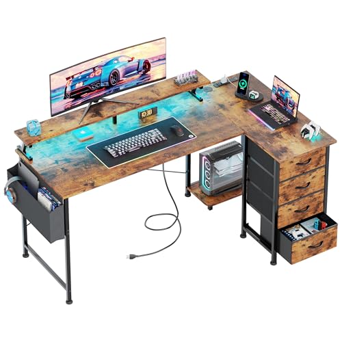 Image of VERMESS 63 inch Reversible L Shaped Gaming Computer Desk, Corner Desk with Power Outlets & Monitor Stand, Writing Study Table with 4 Storage Drawers, Desk with LED Lights, Rustic Brown