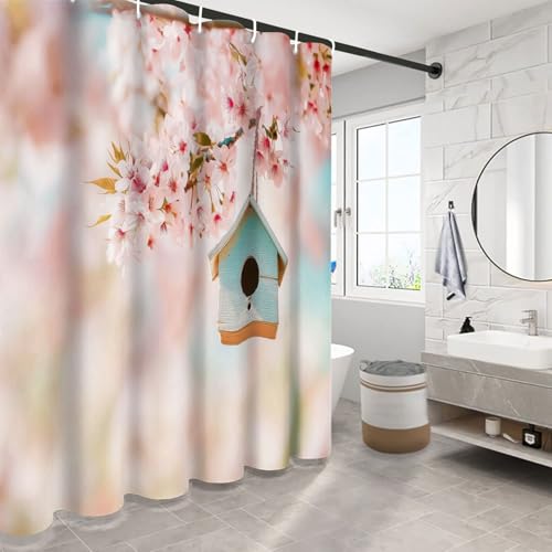 Rideau de douche rose esthétique grand format 240x200 cm fleurs de cerisier polyester - 4