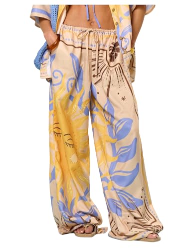 SOLY HUX Women's Wide Leg Boho Palazzo Pants Drawstring Waist Flowy Trousers Beach Vacation Outfits