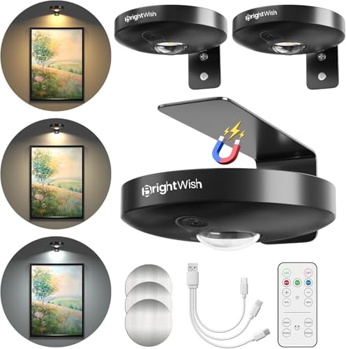 BrightWish 3 pezzi Luci per quadri a LED ricaricabili, 3 temperature colore, 10 livelli di luminosità, con telecomando e timer, luci magnetiche da parete senza fili per dipinti, cornici, dartboard