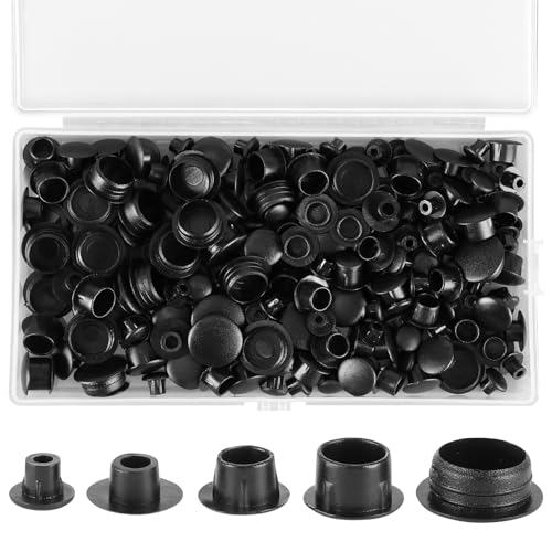 200 tapas para agujeros de perforación, 5/6/8/10/12 mm, tapas para tornillos, plástico negro, con caja, tapones ciegos para muebles