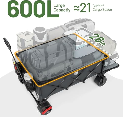 Image of Timber Ridge 600L Beast Wagon 26 inch W Extra Wide All Terrain Folding w /Big Wheels, Cargo Net & Tailgate, 26 inch W and 55.25 inch L, 500lbs Heavy Duty Collapsible Portable Cart for Camping, Sports, Dogs, Grey
