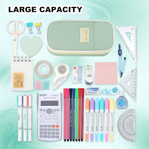 Image of Large Pencil Bag for Girls Teens Kids School Pencil Case Organizer Green | Zipper Pencil Pouch Big Cute Stationery Aesthetic Pencil Box for School Office, Wear-resistant Fabric, Large Capacity Design