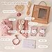WOODEN TEETHER 10-Teilig Baby Geschenk Mädchen Set, Geschenk Mädchen Junge für Neugeborene, Badetücher, Schnullerkette, Rassel, Meilensteinkarten, Lätzchen, Socke, Bürste, Babyparty(Rosa)
