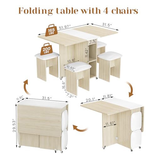 Image of furlinkhm Folding Dining Table Set for 4, Dinner Table with 4 Leather Chairs and Shelves, Space Saving Foldable Dining Table with 6 Wheels, Kitchen Table for Small Spaces (Beige)