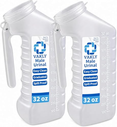 Vakly Male Urinal Bottle with Cover & Handle (Pack of 2) – Portable Handheld Pee Bottle for Men, Spill Resistant Urine Container for Bedside, Hospital, Incontinence, Emergency & Travel, Easy to Clean