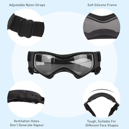 Fohuanky Hundebrille für kleine und mittelgroße Rassen, verstellbare Haustier-Sonnenbrille mit UV-Schutz, Hundebrille für Reisen, Wandern, Outdoor-Spaß (Schwarz, S)