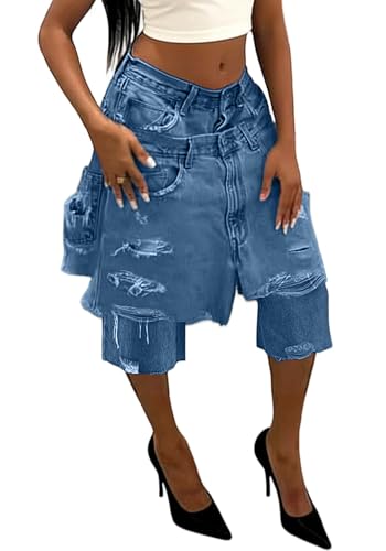 LETSVDO Women Baggy Distressed Jean Shorts Straight Leg High Rise