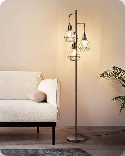 EDISHINE Lámpara de Pie LED Regulable, Lámpara de Pie Vintage con 3 Luces y Bombillas E27, Diseño Industrial de Metal con Pantalla en Jaula, Ideal para Salón, Dormitorio o Comedor, Color Marrón
