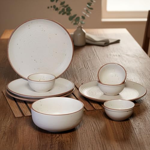 Image of Freakway Handcrafted Stoneware Dinner Set - 9 Piece Ceramic Dinnerware Set for 4 People (Off White) inch4 Dinner Plates +4 Bowls+1 Large Serving Bowls