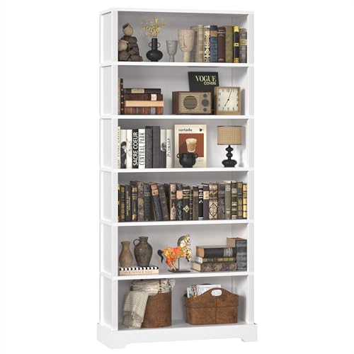 Image of TVU 6-Tier Wooden Bookshelf, 77.2 inch Tall Farmhouse Style Open Bookcase, 31.5 inch W Standing Bookshelf with Storage, Suitable for Study, Living Room, Office, White