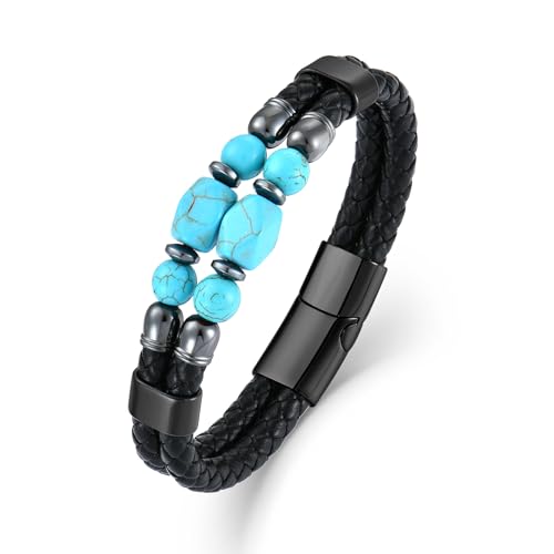 Turquoise/Tiger Eye/Lapis Lazuli/Black Onyx/Obsidian Leather Cuff Bracelet Protection Healing Stone Jewelry for Men, 8.27in/21cm