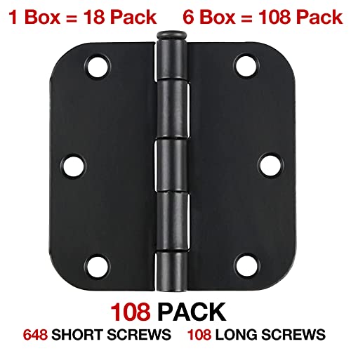 Image of 108 Pack Rounded Matte Black Door Hinges 3.5 Inch 5 /8 inch Radius for Interior 3 1 /2 inch Flat Iron Bifold Residential Standard Hinge Bedroom Indoor for Doors 3 inchHardware Heavy Duty Steel Regular Home Kit