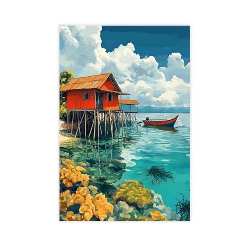 Poster de maison sur pilotis Bajau pour décoration de chambre moderne 50x75 cm