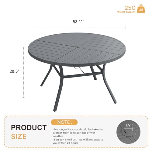 Image of VICLLAX Round Patio Table with Adjustable Umbrella Hole for 8, All Weather Metal Outdoor Dining Table for Lawn Garden, 53.1 inch Outdoor Coffee Table, Grey Tabletop