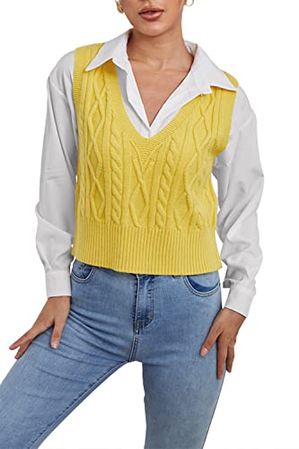 Aoysky Sweater Vest Women's V-Neck Sweater Tank Tops Pullover Cable Knit Vest Solid Color Sleeveless Loose Fit Sweater Top #TOP2