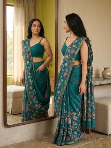 Image of SAMANTHA Black Floral Print Ready to Wear Linen Saree with Pocket & Adjustable Belt