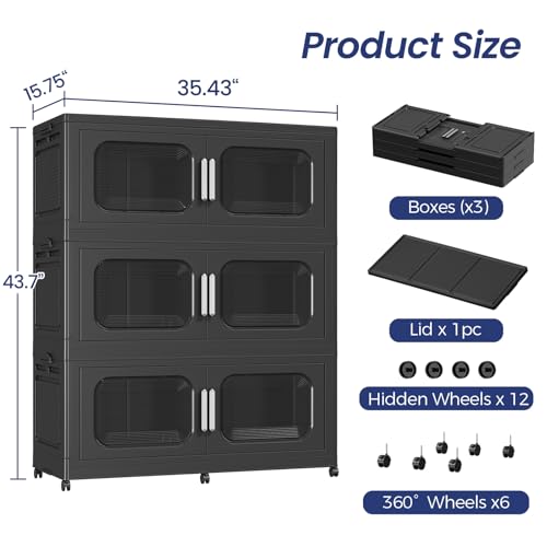 150GAL Extra Large Storage Bins with Lid, 600QT Storage Bins with Wheels, Collapsible Closet Organizer, Stackable Folding Plastic Storage Containers for Home, Office, Dorm, 3Pack Black - Image 3