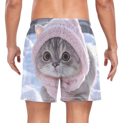Mens Swim Trunks with Liner, Cat Scarf Cute Cool Quick Dry Beach Swim Shorts, Swimwear Bathing Suits S2