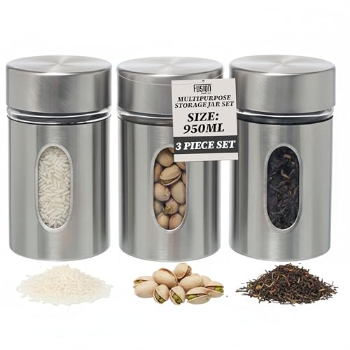 Stainless Steel Kitchen Storage Jars - Set of 3 950ml Tea Coffee & Sugar Containers with Airtight Screw Top Lid - Food Organiser with Clear Window for Tea, Nuts & More