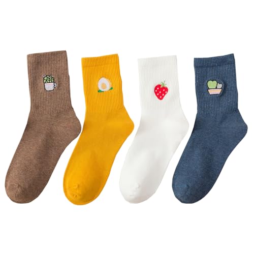 Image of Fruit Socks Cute Socks for Women Crew Socks Cotton Embroidered Banana Avocado Strawberry 4-6pairs